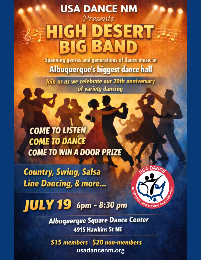 USA Dance of North Central New Mexico presents the High Desert Big Band — performing for our 20th anniversary dance on July 19